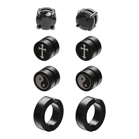 Airokiy 4 Pair Earrings Black Stainless Steel Earrings Cubic Zirconia Fake Stud Earrings for Men Hypoallergenic