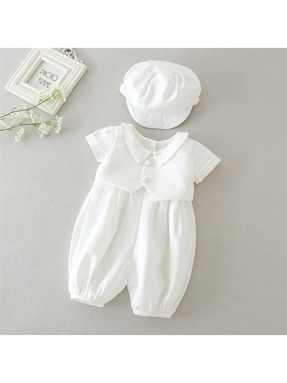Baby Boys Baptism Christening Romper with Hat Embroidery Lace Accents Off-White White 12-18M