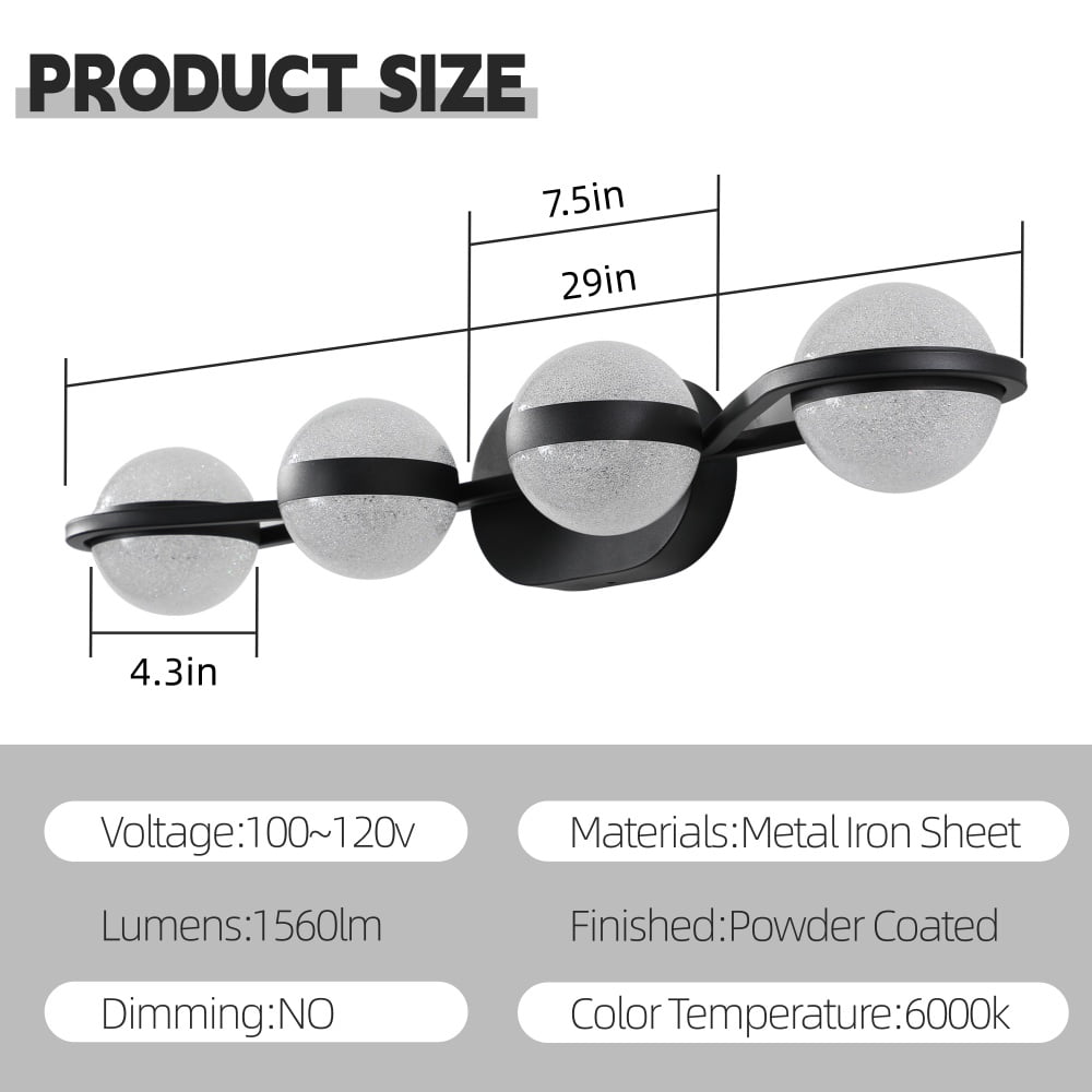 30" Black Minimalist LED Bathroom Vanity Light, 4-Light Wall Mounted Fixture with Crystal Sand Acrylic Shades, Modern Decorative Lighting for Mirror, Sink, and Vanity Area