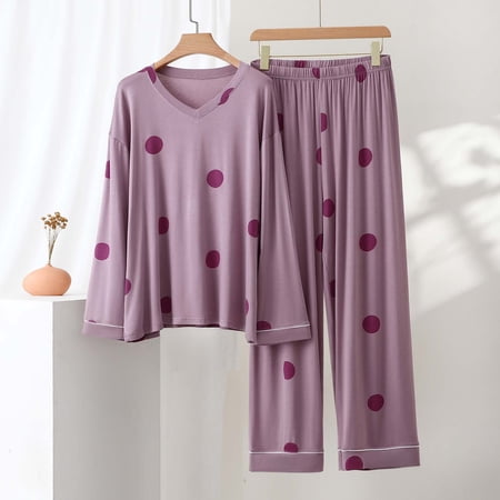 RKSTN Pajama Sets for Women 2 Piece Cotton Polka Dots Crew Neck Built in Padded Bra Short Sleeves Pajamas Top with Pants Loungewear Women s Sleepwear