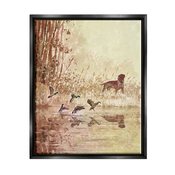 Stupell Pointer Dog & Ducks Lake Nature Animals & Insects Painting Black Floater Framed Art Print Wall Art