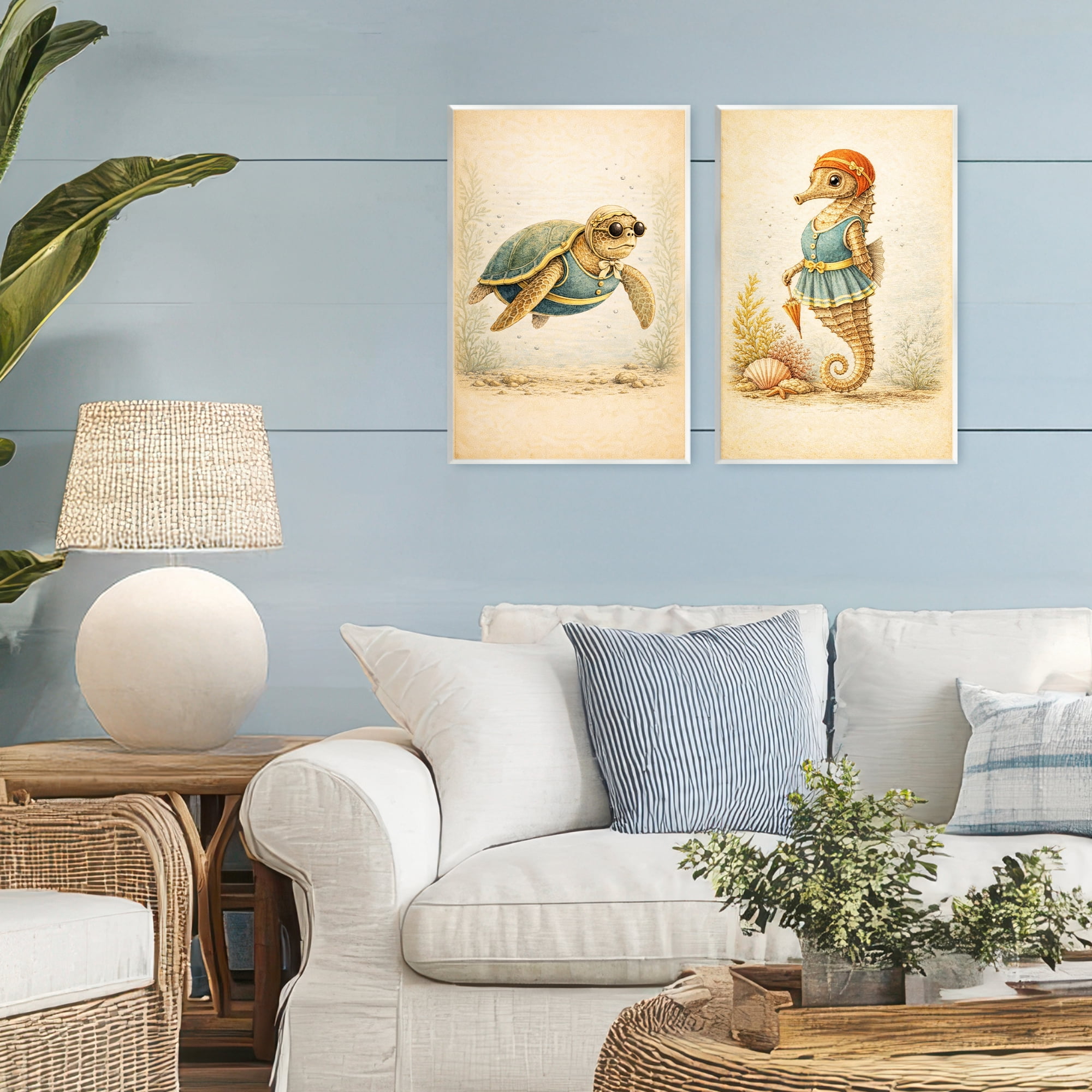 Stupell Industries Vintage Maritime Bathing Animals 2 Piece Wall Plaque Art Set, design by Grotto Studios