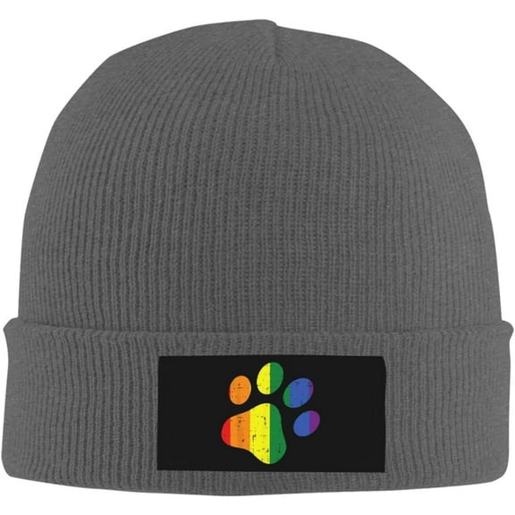 Dog Paw Print LGBTQ Gay Pride Ally Gift Black Knit Beanie Hats for Men Fleece Lined Ski Skull Cap Slouchy Winter Hat