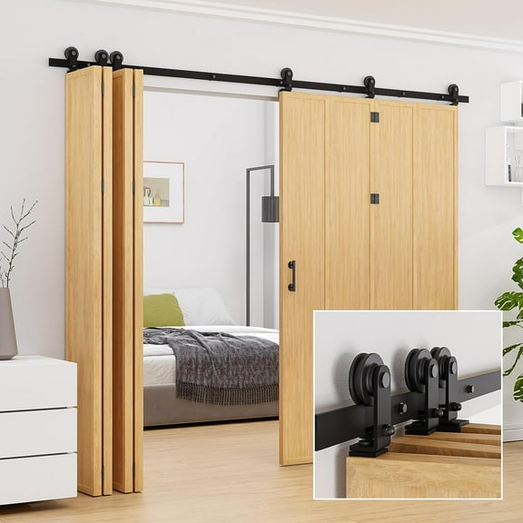 7.5FT/90 Bi-Folding Barn Door Hardware Kit Suitable for 8 Doors-Open and Close to Two Side-Top Mount Hanger-Easy to Install-[Not Included Door Panel]