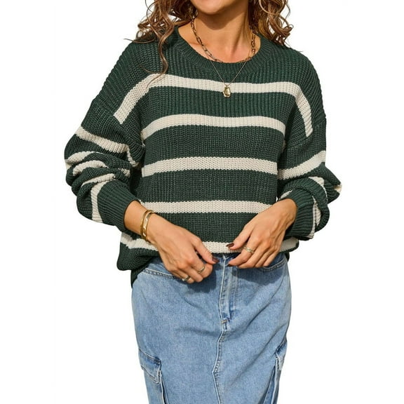 Striped Sweater Women Fall Winter Clothes Blouses Long Sleeve Crew Neck Knit Pullover Sweater Tops  Green M