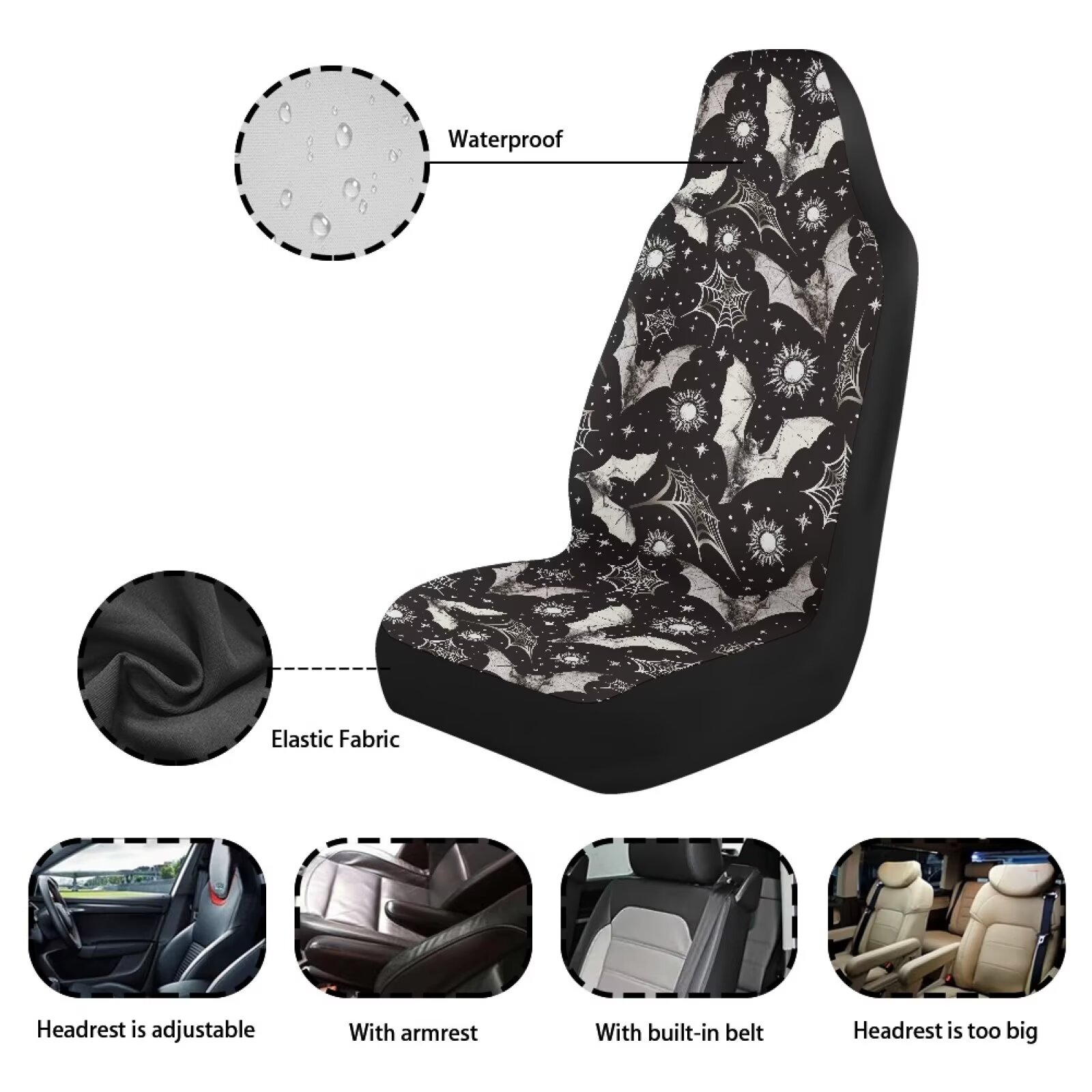 Yuyamidu Bat Front Car Seat Covers Cobweb Automotive Seats Cover Fit for Most of SUV, Sedan, Truck Waterproof Bucket Seat Cover Auto Interior Sets, Halloween