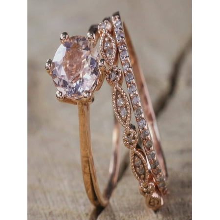 Sale 2 carat Antique Milgrain Morganite and Diamond Trio Ring Set in 10k Rose Gold with One Engagement Ring and 2 Wedding Bands