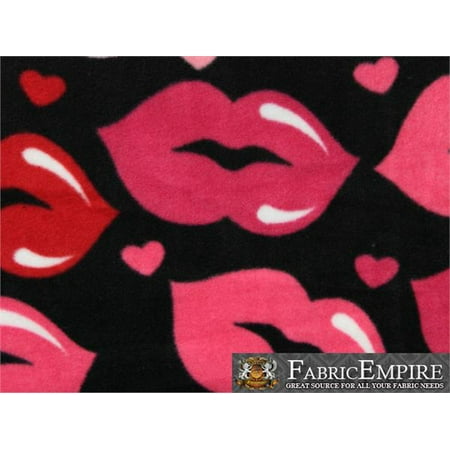 - Fleece Fabric Printed ANTI PILL LARGE RED PINK LIPS BLACK BACKGROUND