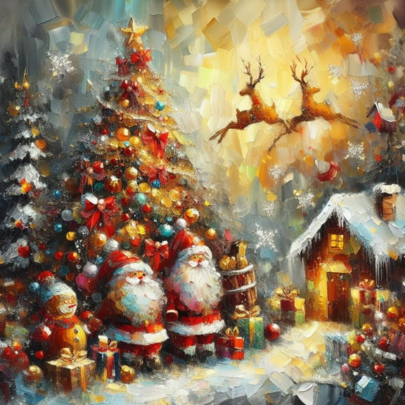 Christmas Scene Oil Painting I - 12" x 18" Art Print Wall Decor