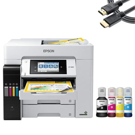 Epson EcoTank Pro ET-5880 Wireless Color All-in-One Supertank Printer, Auto 2-sided Copy, Print, Scan & Fax, 4.3” Color Touchscreen Display, Ethernet and PCL/Postscript, Bundle with Printer Cable