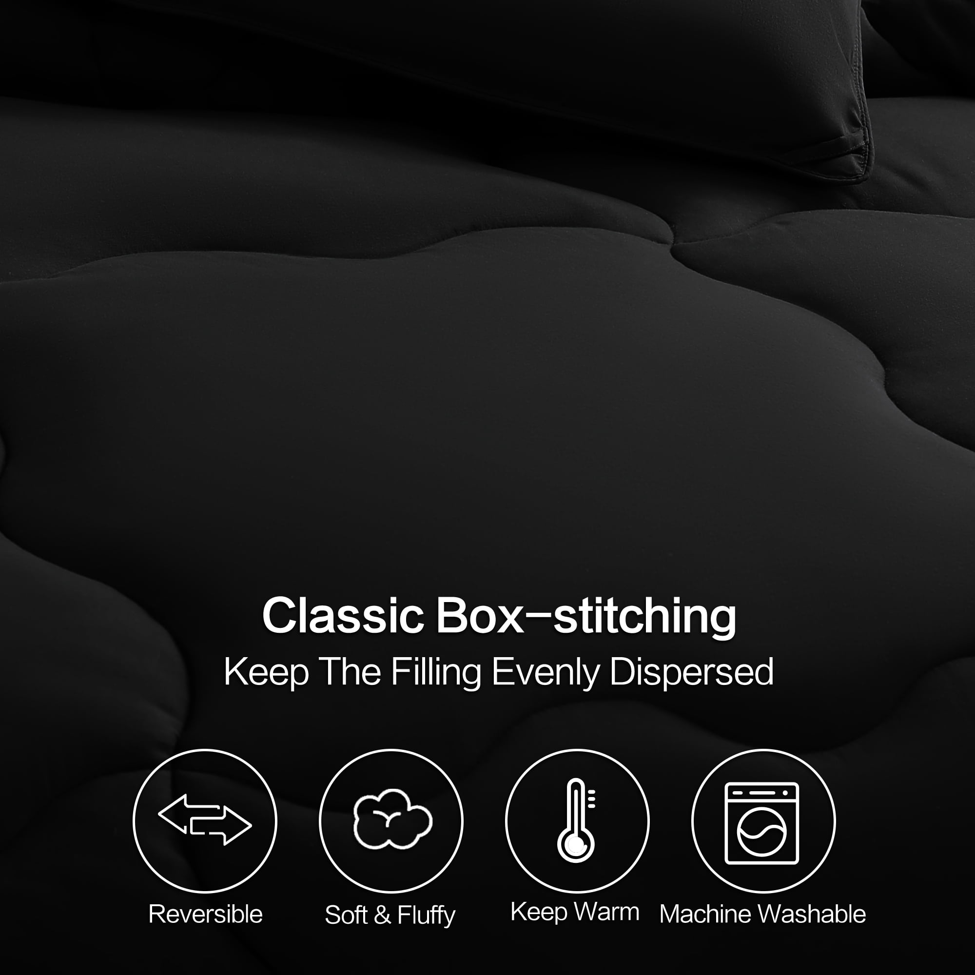 Oversized Queen Comforter, Winter Warm Comforter Ultra Soft Quilted Duvet Insert with Corner Tabs, Wavy Box Stitched, Luxury Fluffy Lightweight (Black,98 x 98 inch)