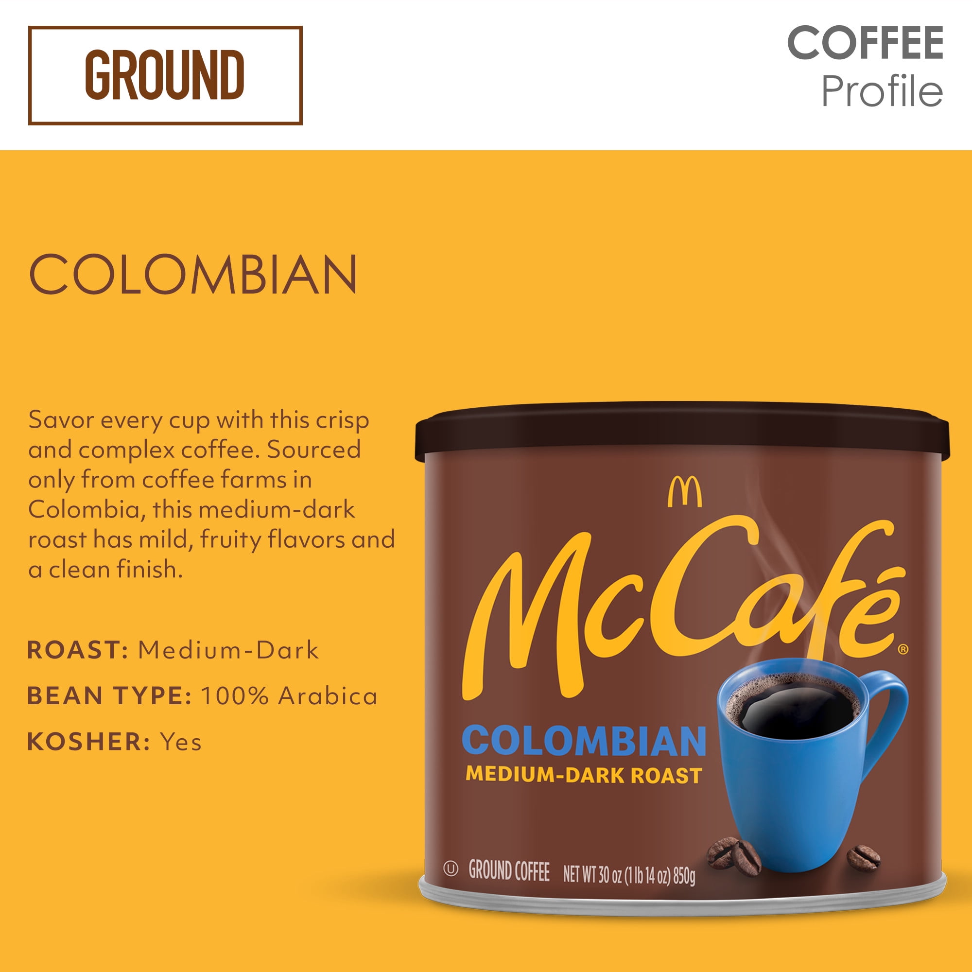 McCafe Colombian, Medium-Dark Roast, Ground Coffee, 30 oz