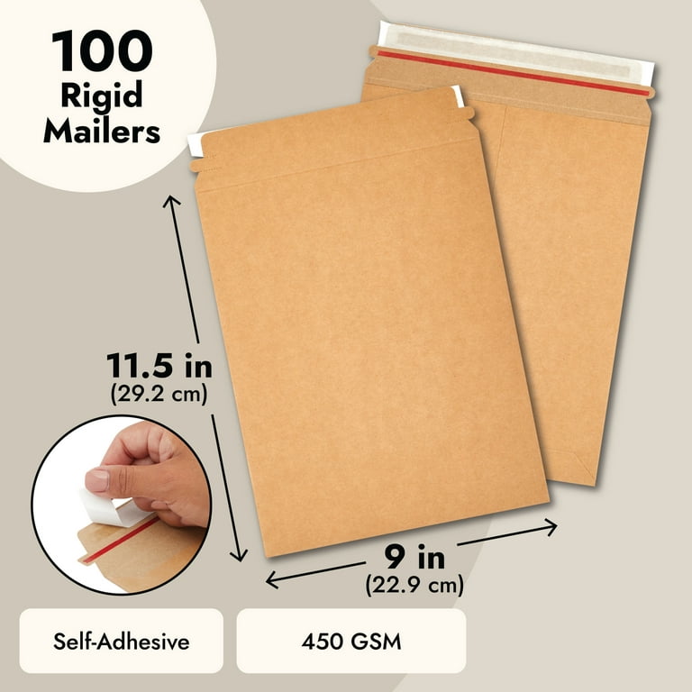 100-Pack Stay Flat Rigid Mailers 9x11.5 with Self Adhesive Seal