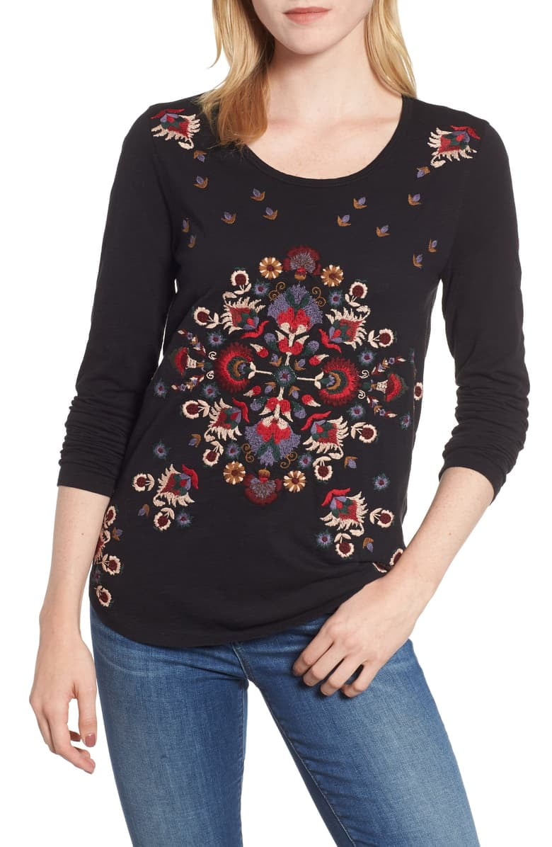 lucky brand black embroidered top