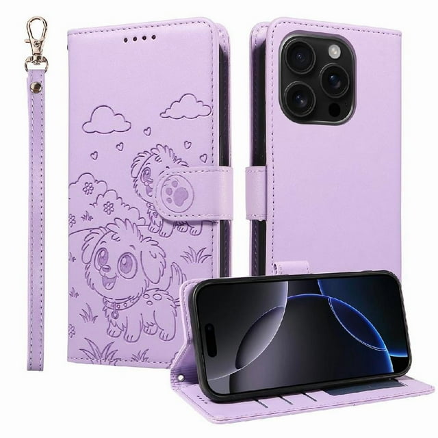 Funda Cartera GANGXUN con Diseño de Perrito en Relieve para iPhone 16 Pro , Protección 360° con Ranuras y Correa Desmontable
