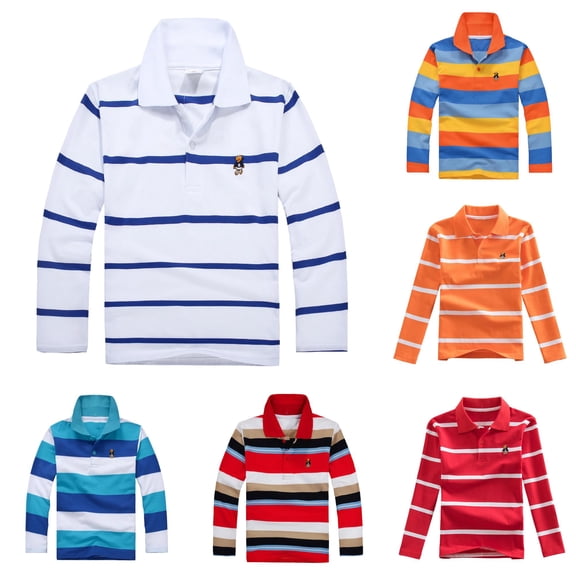 Huowey Boys Summer Fall Classic Polo Shirts For Kids Tops Long Sleeve Striped Turndown Collar Shirt With Button Closure Cute Cartoon Embroidery Casual Comfort Soft Basic Tee Tops,5-6 Years