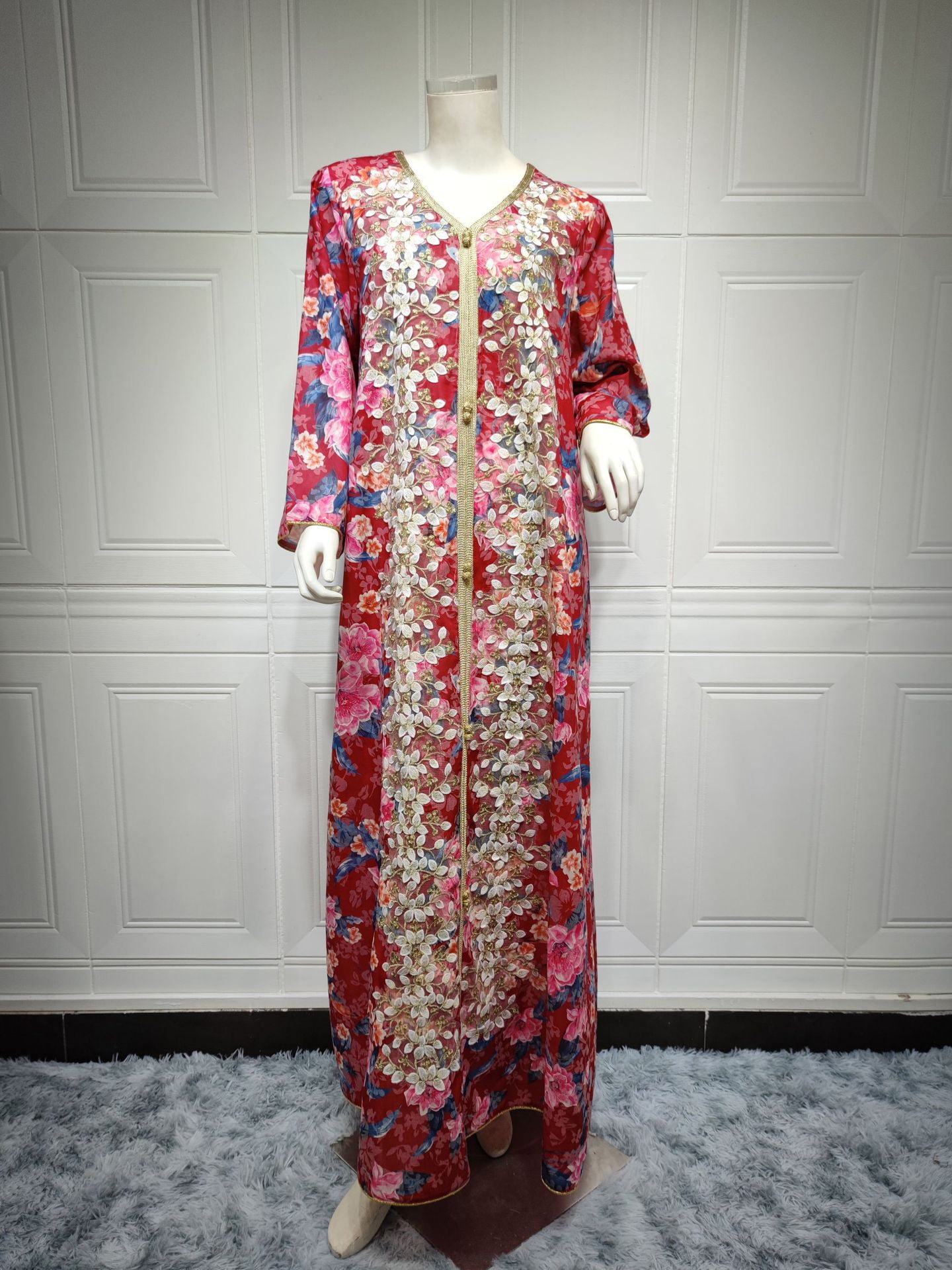 Embroidery Vneck Evening Dress Women Muslim Long Robe Kaftan Turkey