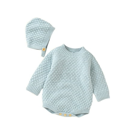 

Fsqjgq Baby Girl Knit Clothes Baby Girls Autumn Print Solid Crewneck Pullover Long Sleeve Knit Sweater Romper Bodysuit Hat Clothes Open Shoulder Sweater Girls Cotton Sky Blue 86