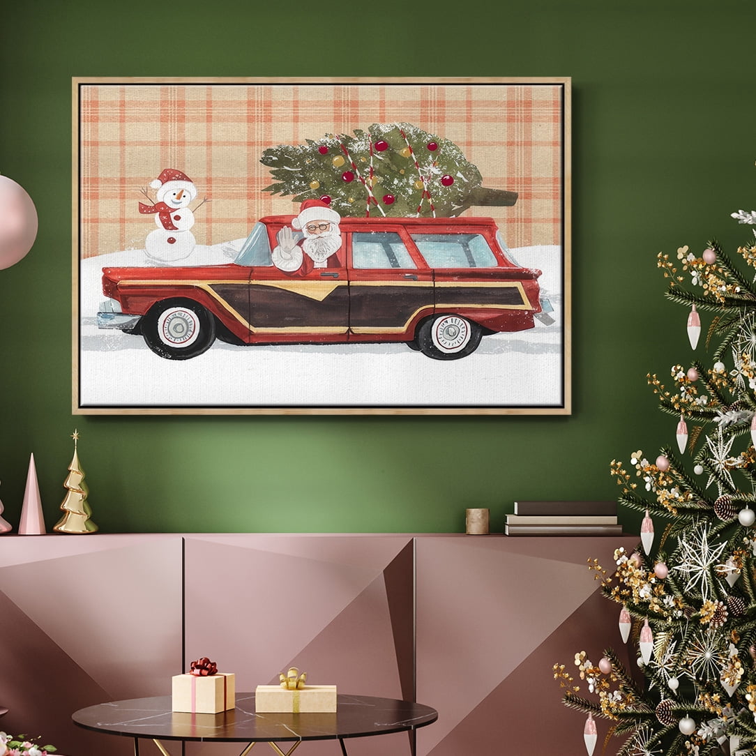 Santa on Wheels I - Framed Gallery Wrapped Holiday Canvas - 25 x 37 - Natural Wood Frame