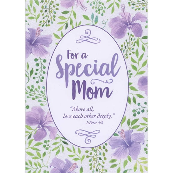 Designer Greetings Above All, Love Each Other Deeply Oval Frame on Sparkling Background with Purple Flowers Religious Mother's Day Card for Mom