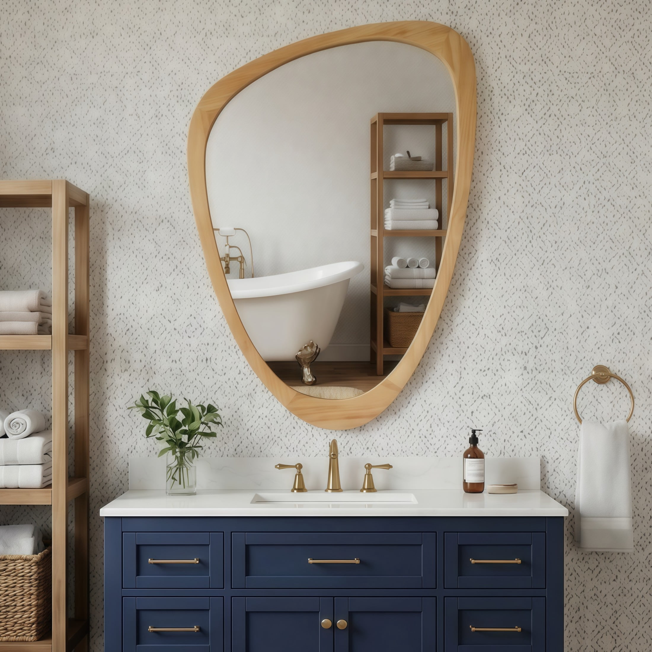 Noble House 24"x36" Irregular Solid Wood Wall Mirror, Modern Asymmetric Decorative Accent Bathroom Mirror, Oak