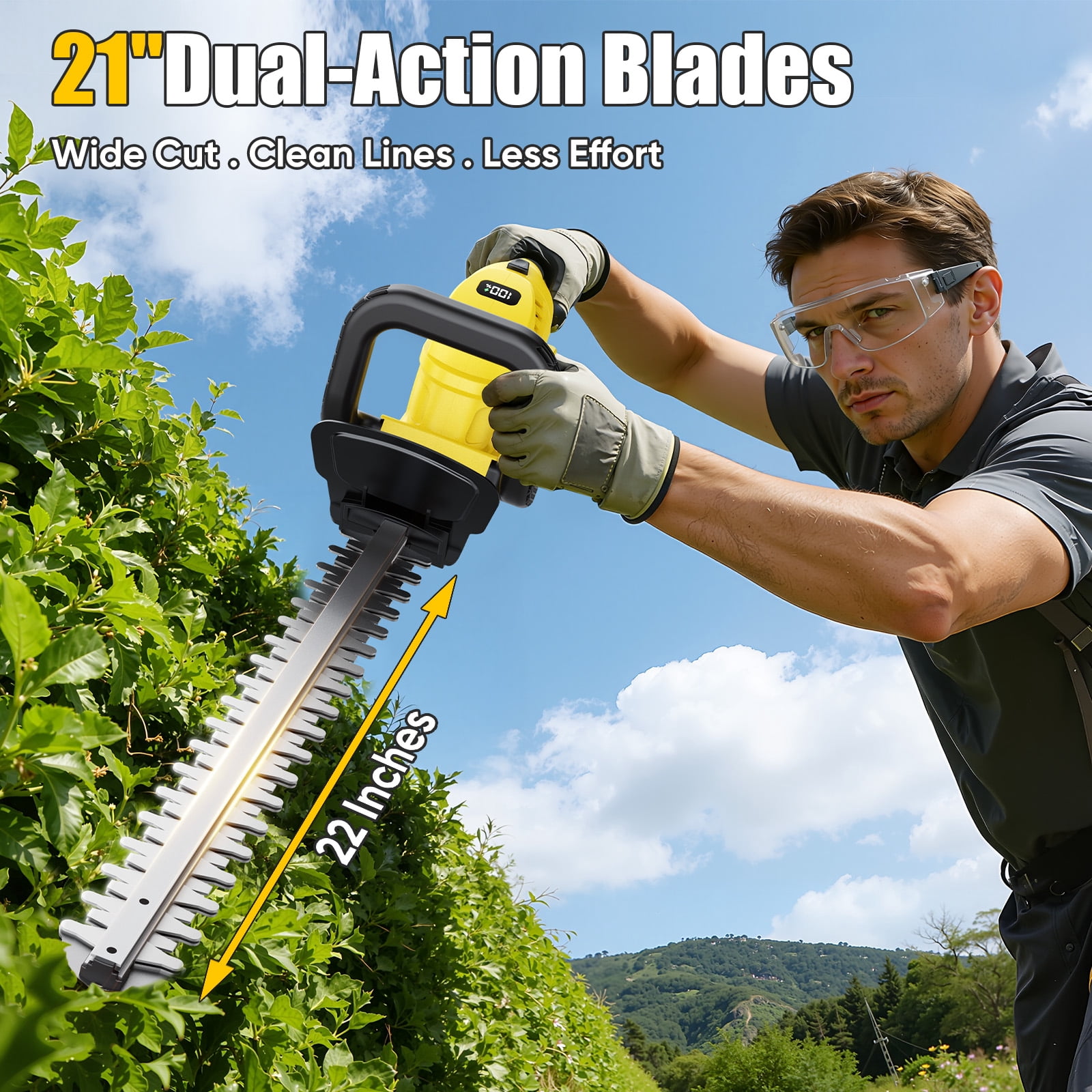 Gisam Cordless Rotary Hedge Trimmer, 21" Dual-Action Blade Electric Handheld Shrub Trimmer, with 2 x 4.0Ah Battery and Fast Charger