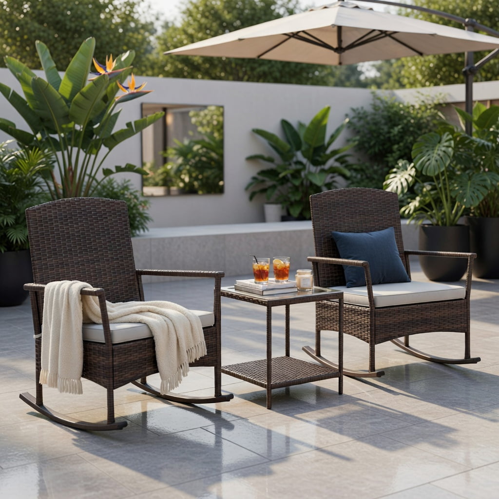 Hommoo 3-Piece Outdoor Patio Rocking Set, Wicker Rocking Chairs with Double-Tier Tempered Glass Coffee Table, PE Rattan, Includes Cushions & Easy Assembly, White