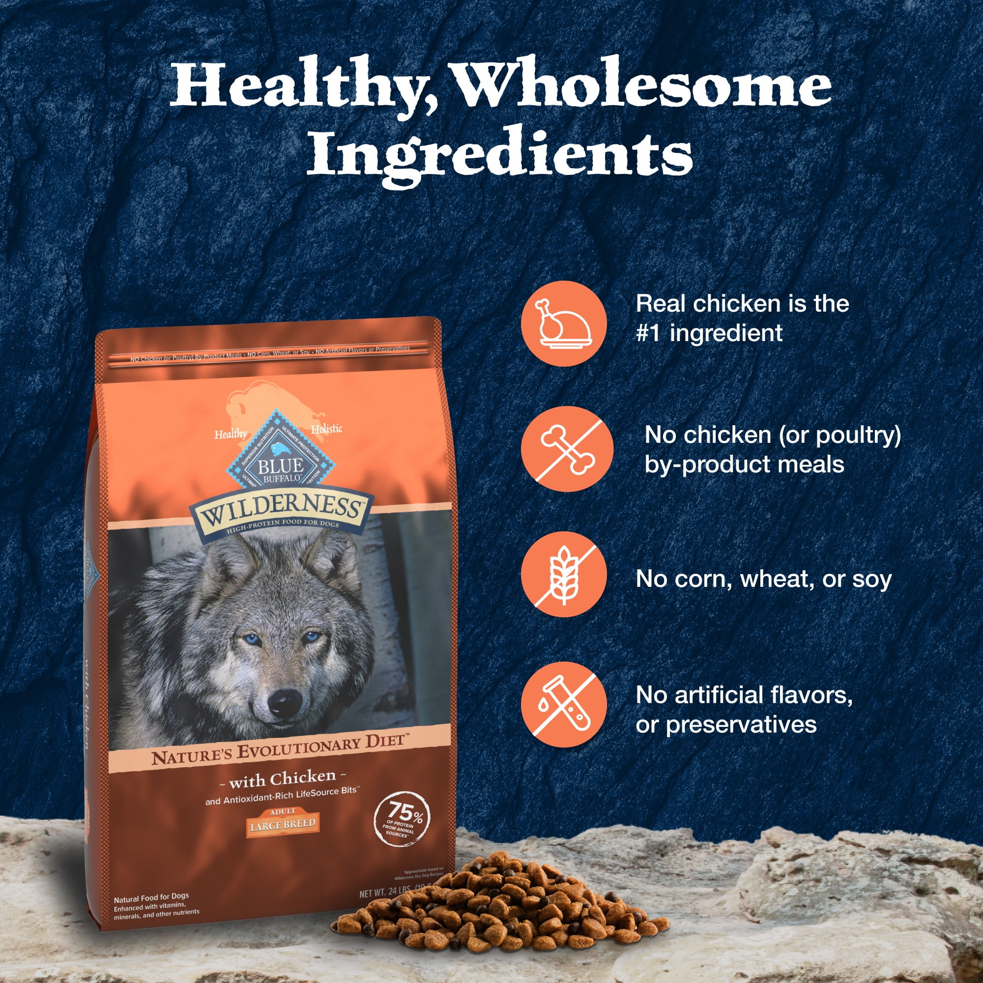 Blue Buffalo Wilderness Large Breed Dry Dog Food Plus Wholesome Grains, Chicken, 24 lbs.