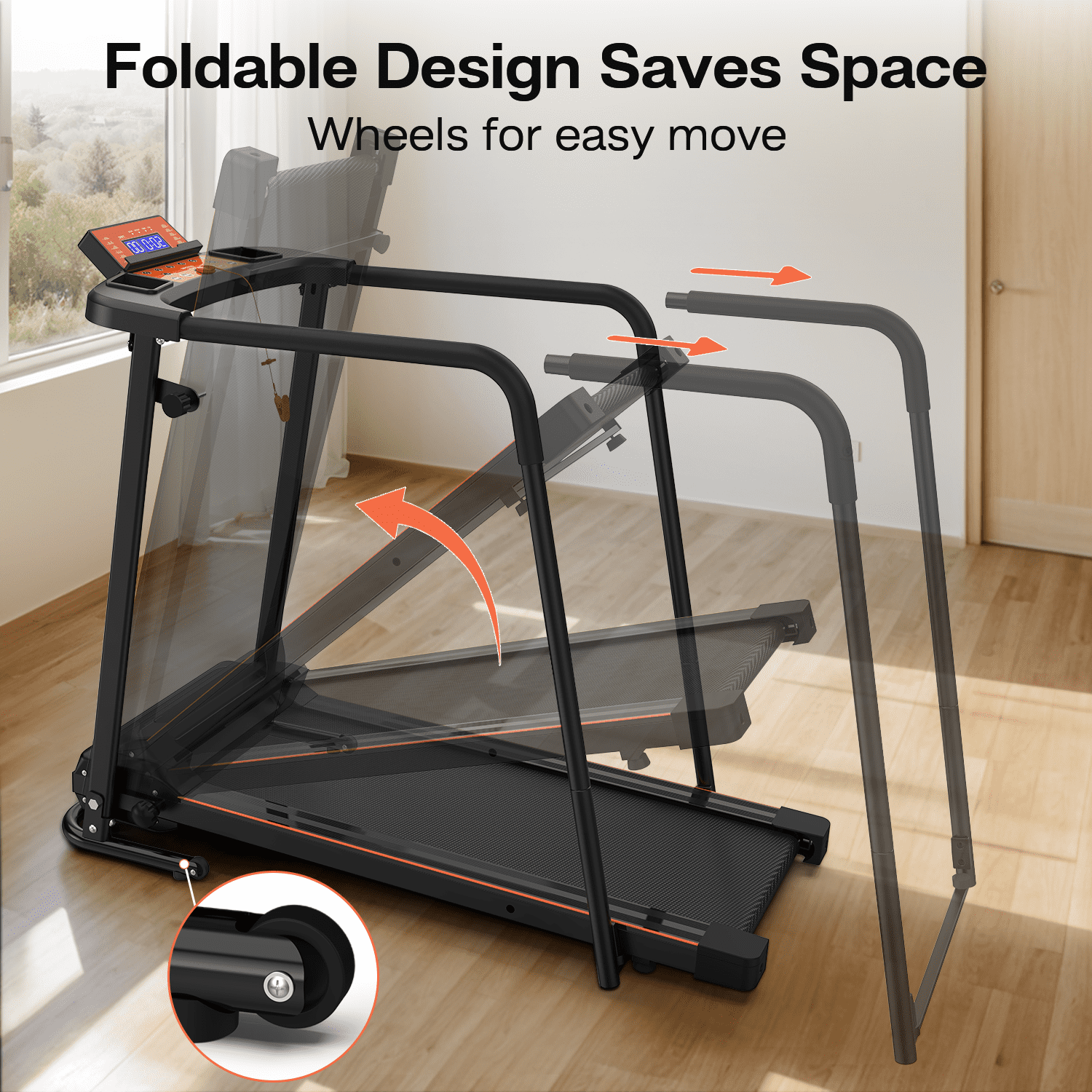 FLIMDER Foldable Treadmill for Senior, 2 in 1 Folding Exercise Treadmill with Long Handrail, 300 lbs Capacity 0.5-6 MPH