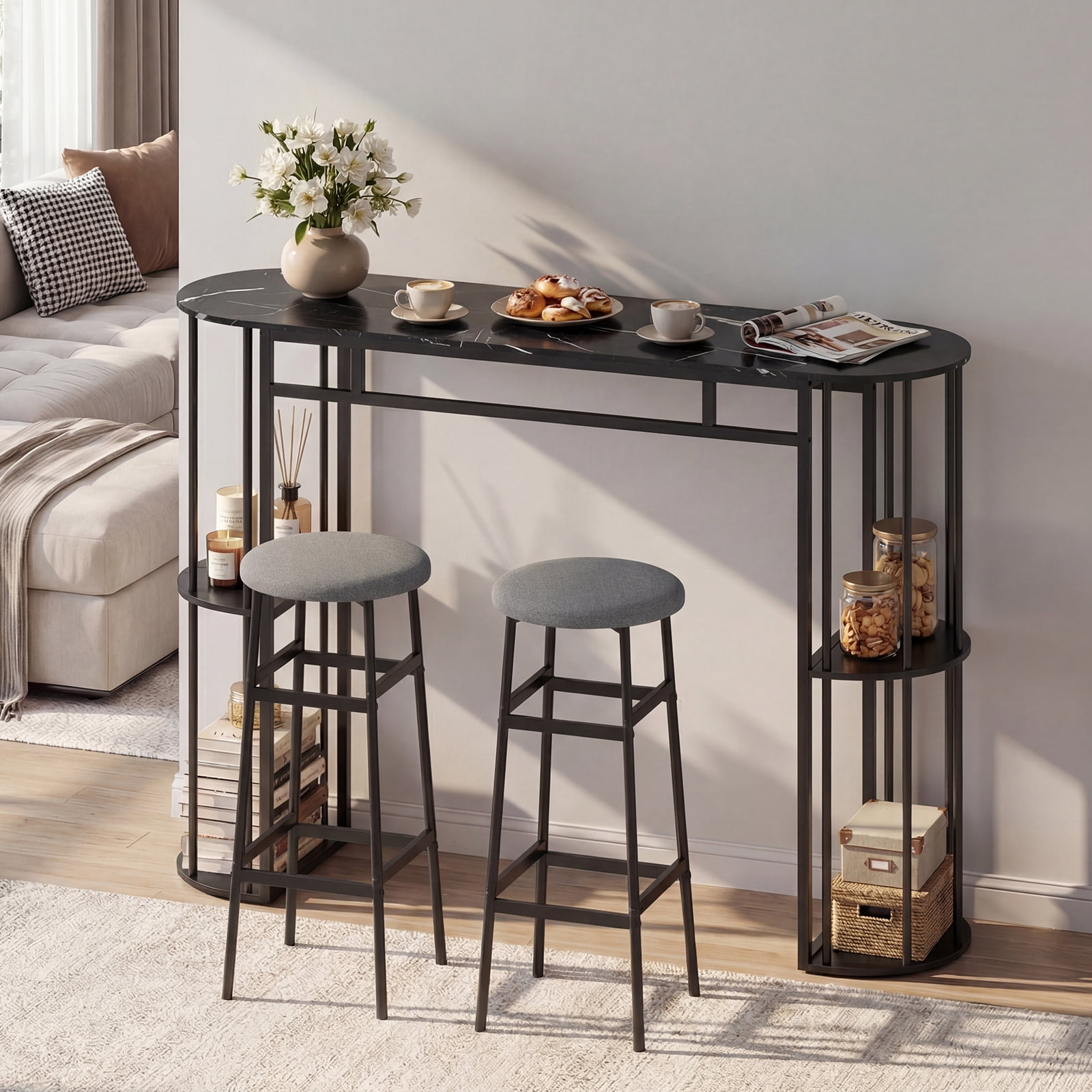 Gymax 3 Pieces 60'' Bar Table Set for 2 w/ Faux Marble Tabletop & Storage Shelves