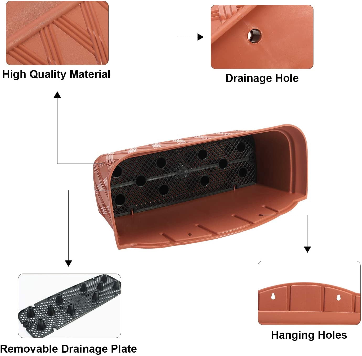 Sungmor 3 Pack Wall Hanging Planters, 16.5 Inch Railing Fence Hanging Flower Pots, Thickened Plastic Water Storage Plant Pot, Indoor Outdoor Garden Balcony Decor, Large Terracotta Color Plant Basket