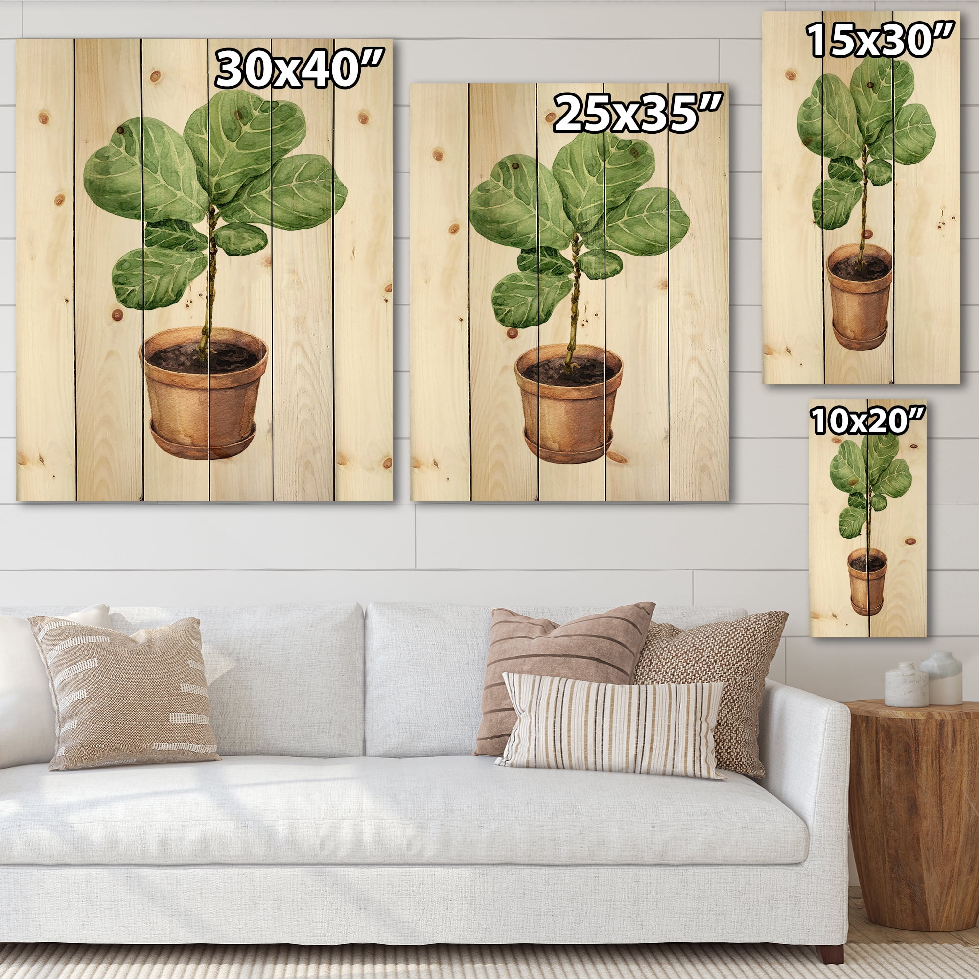 Designart 'Ficus Lyre Plant In Clay Flowerpot' Traditional Print on Natural Pine Wood