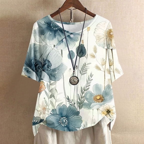 Giftesty Blouses for Women Dressy Casual Women's Casual Round Neck Casual Button Printed Short Sleeve Blouse Short Sleeve Round Neck Blouse/Shirt