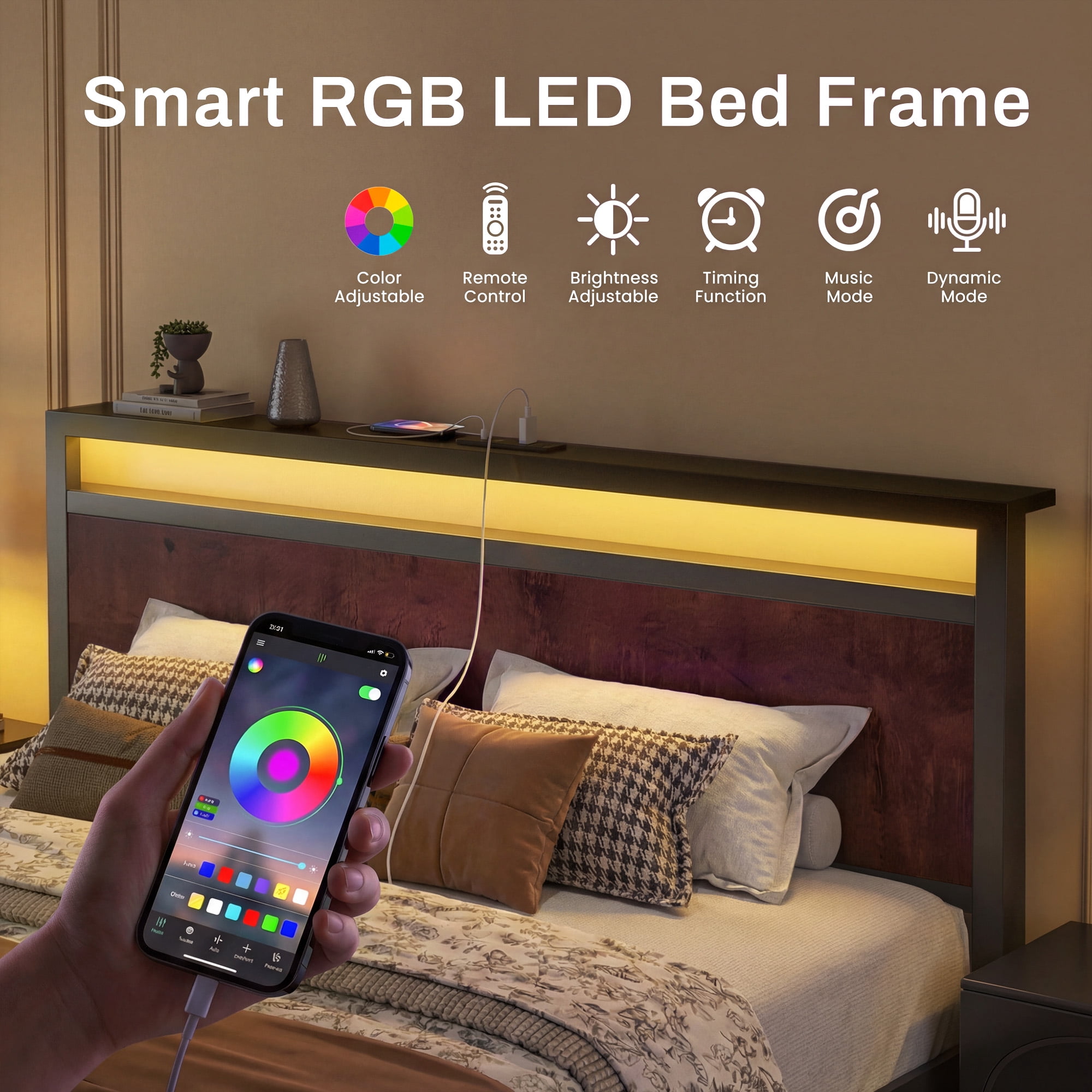 Bolvdo Queen Bed Frame with LED Headboard & Footboard, Built-in Charging Station, Storage Shelf, Noise-Free, No Box Spring Required, Easy Assembly, Coffee Brown