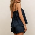 thumbnail image 3 of Evdexr Plaid Pajama Sets for Women Ruffle Hem Strap Babydoll Cami Top Wide Leg Shorts Set 2 Piece Loose Fit Lounge Suits Outfit Blue S, 3 of 3