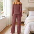 thumbnail image 4 of sdhkgrrt Women's 2 Piece Matching Pajama Set Off Shoulder Long Sleeve Top Elastic Waisted Wide Leg Pants Solid Comfy Casual Lounge Set Soft Loose Fit Tracksuit, Brown M, 4 of 9