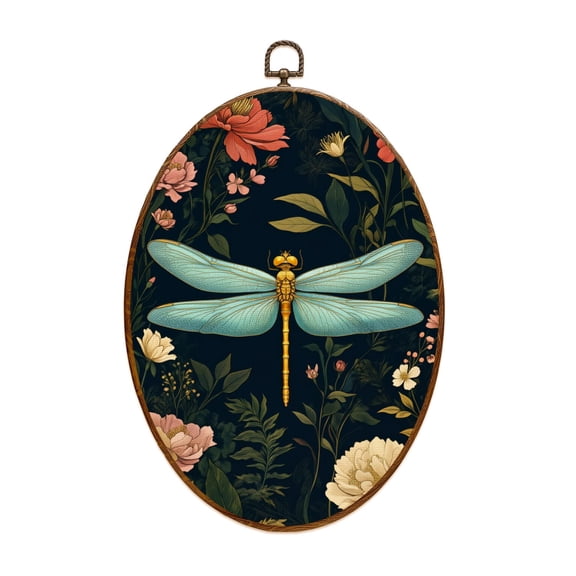 Woodland Canvas Wall Art Golden Dragonfly Blue Wings Dark Navy Floral Botanical Vintage Art Oval Framed Canvas Prints Vintage Wall Hanging Decor for Home Decorations 8.6"x11.4"