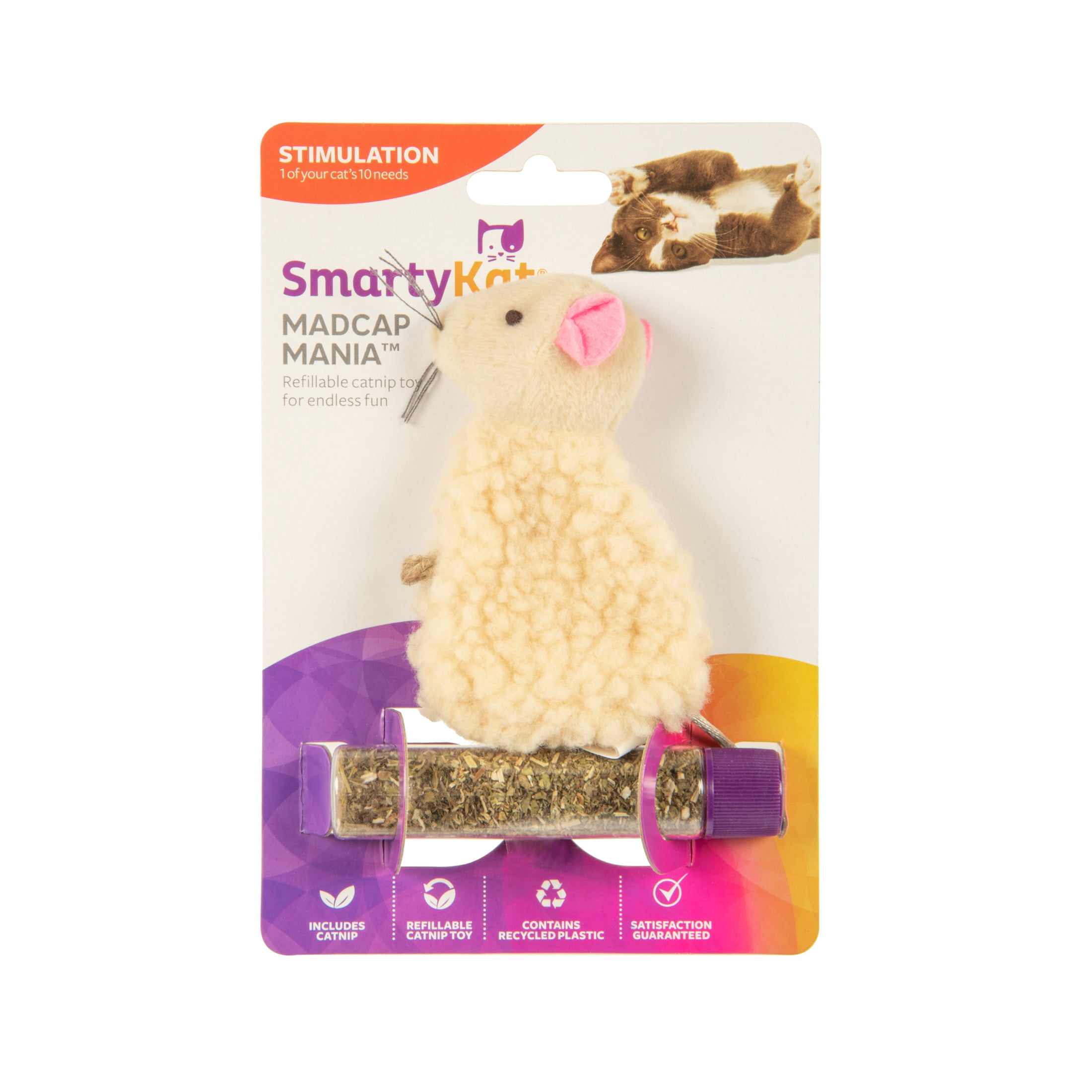 SmartyKat Catnip-Infused Cat Toy Bundle, Catnip Caves Crinkle Bag Hideaway Set of 2 & Madcap Mania Refillable Plush Mouse, 2-Piece