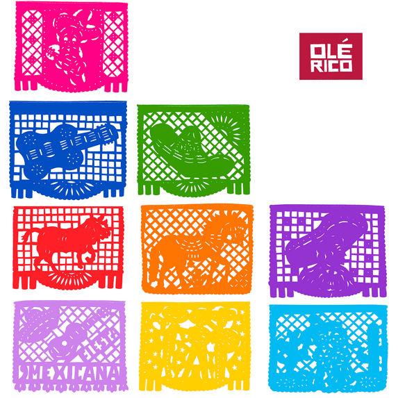 Mariachi Papel Picado Mexican Plastic Banner (10 Pack) - 10 x 10 Large Panels / 16 Feet Long - Great Mexican Party Decorations Prefect For Birthday, Party, and More by Ole Rico