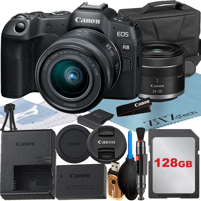 Canon EOS R8 Mirrorless Camera with RF 24-50mm Lens + 128GB Memory Card + Case + LED Flash+ ZeeTech Accessory Bundle