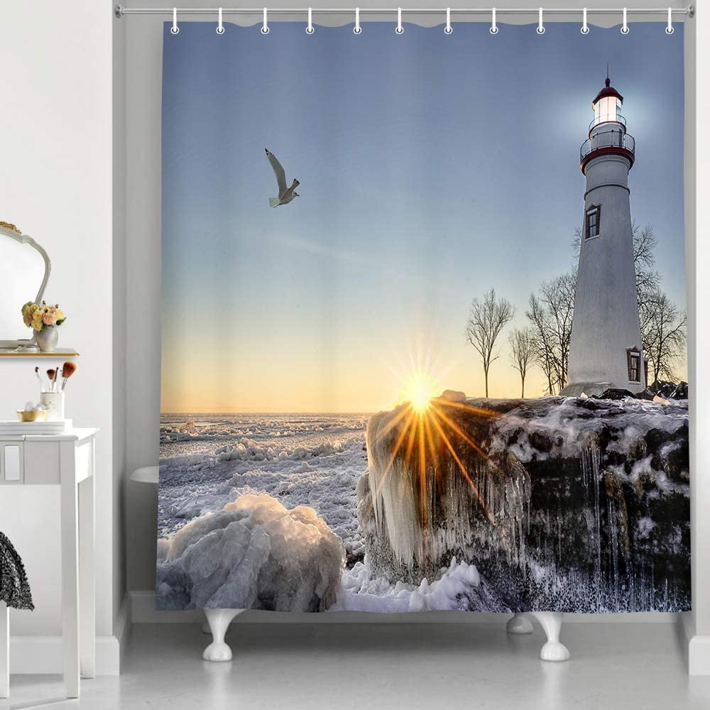 Lighthouse Bathroom Shower Curtains, Nautical Ocean Waves Rocks Seaside
