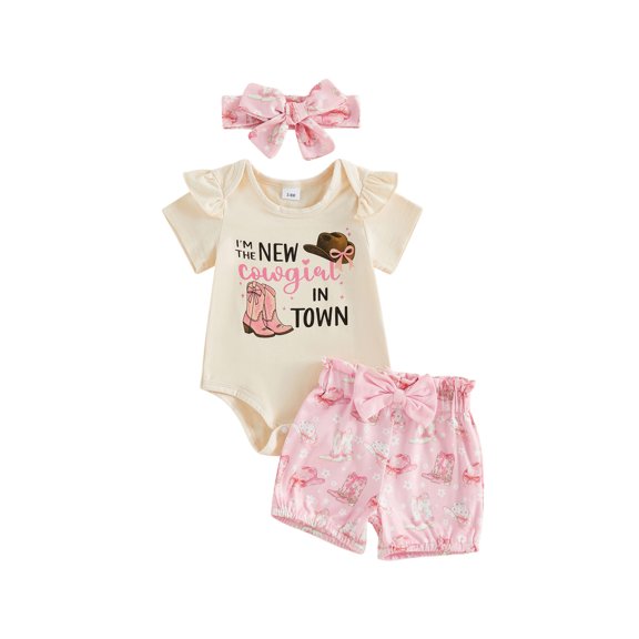 BemeyourBBs Western Baby Girls Summer Clothes Newborn Baby Girl Cowgirl Outfits I'm the New Cowgirl in the Town Letter Print Flying Sleeve Romper Boots Cowgirl Hat Print Shorts Headband Sets