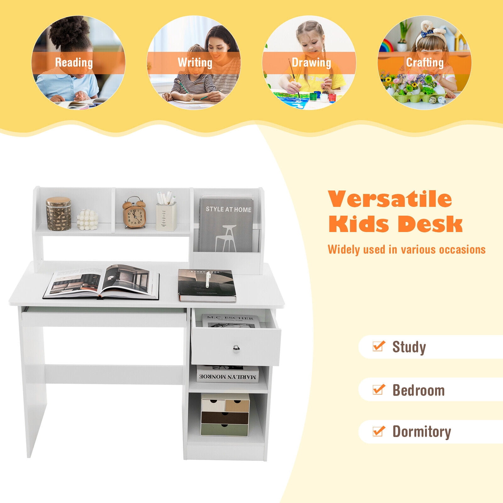 Amijoy Children's desk, children's writing desk, with kitchen cabinet, drawers, storage rack and keyboard tray, suitable for 3+home school students' wooden computer desk