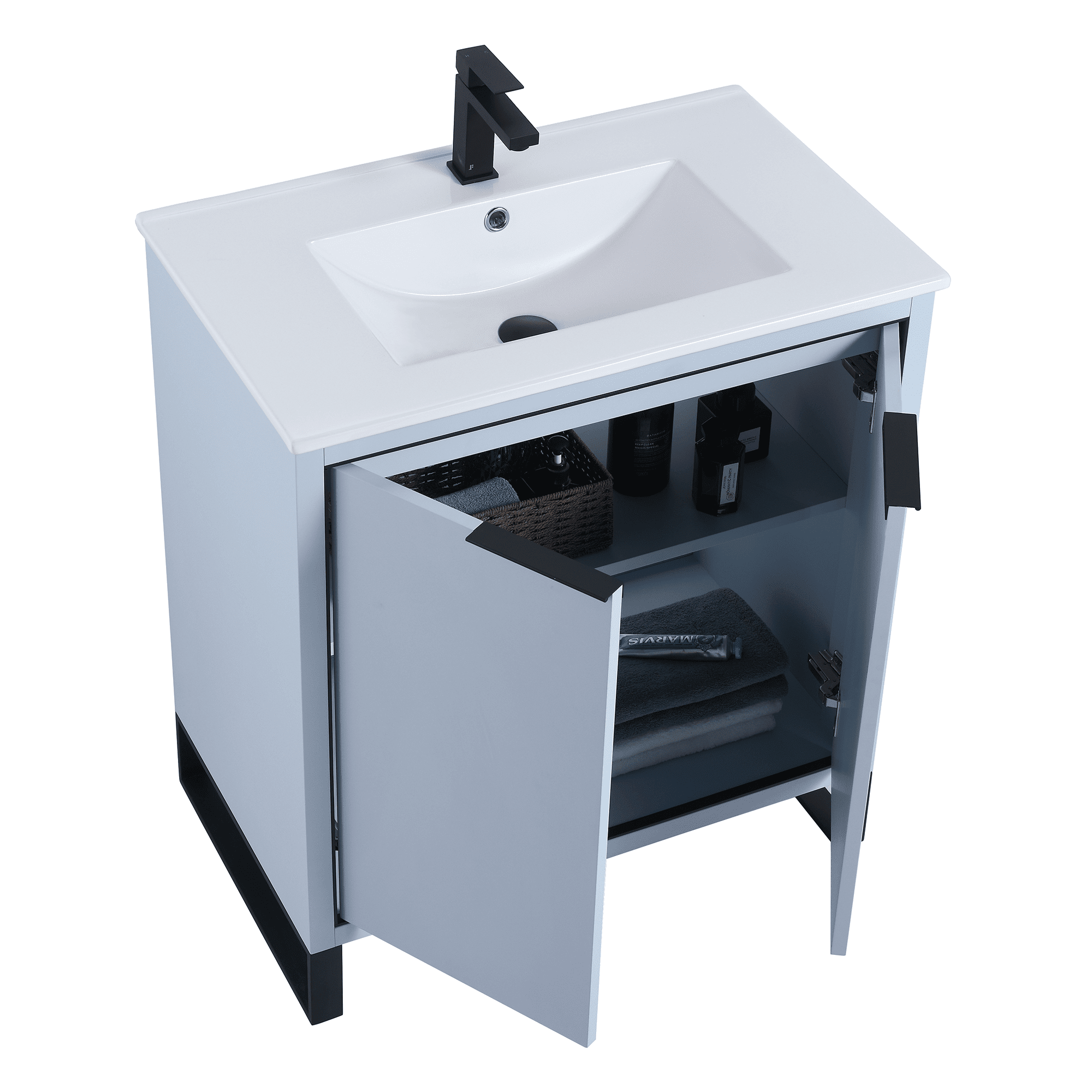 Fine Fixtures Opulence Collection 30 in. W x 18 in. D x 33 in. H Bathroom Vanity in Pastel Blue with White Ceramic Sink - Black hardware
