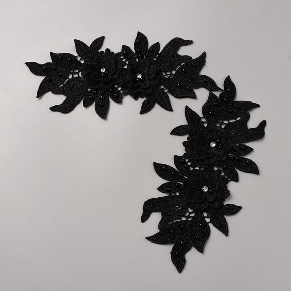 1 Pair Black 3D Lace Beads Flower Applique Embroidery Appliques With Rhinestone Plastic Pearl Hollow Sew on Patches Polyester