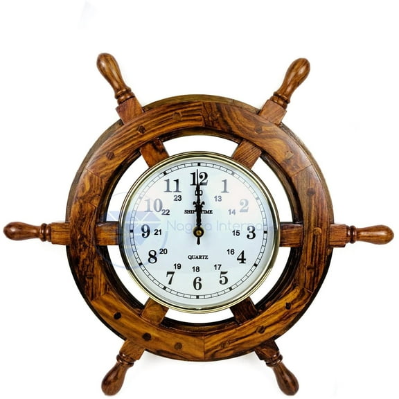 Nagina International 16" Handcrafted Nautical Ship Wheel with 6" Arabic Numeral Dial Face Time's Clock | Maritime Wall Decor Clock