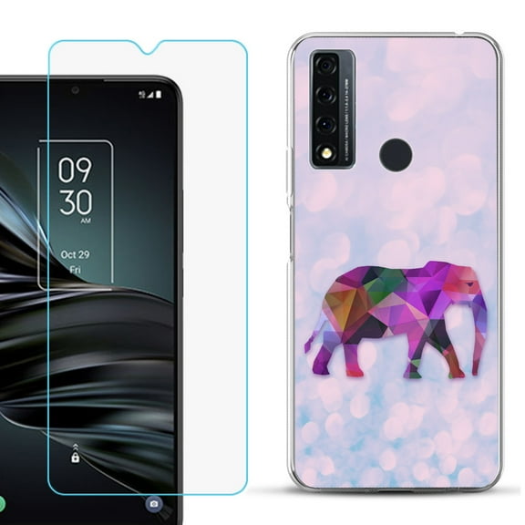 Slim-Fit Fashion Phone Case for TCL 20 XE, with Tempered Glass Screen Protector, by OneToughShield ® - Elephant /Polygon