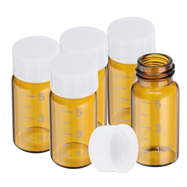 Frascos de muestra de vidrio Uxcell con tapas, 5 pcs de 5 ml, frascos ámbar con tapas de rosca blancas, sellados a prueba de fugas