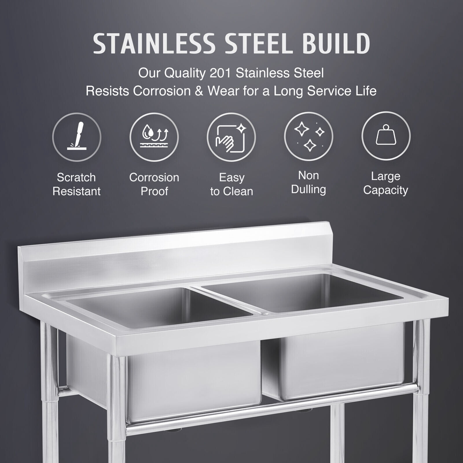 Commercial Restaurant Utility Kitchen Sink 2 Large Compartment Stainless Steel