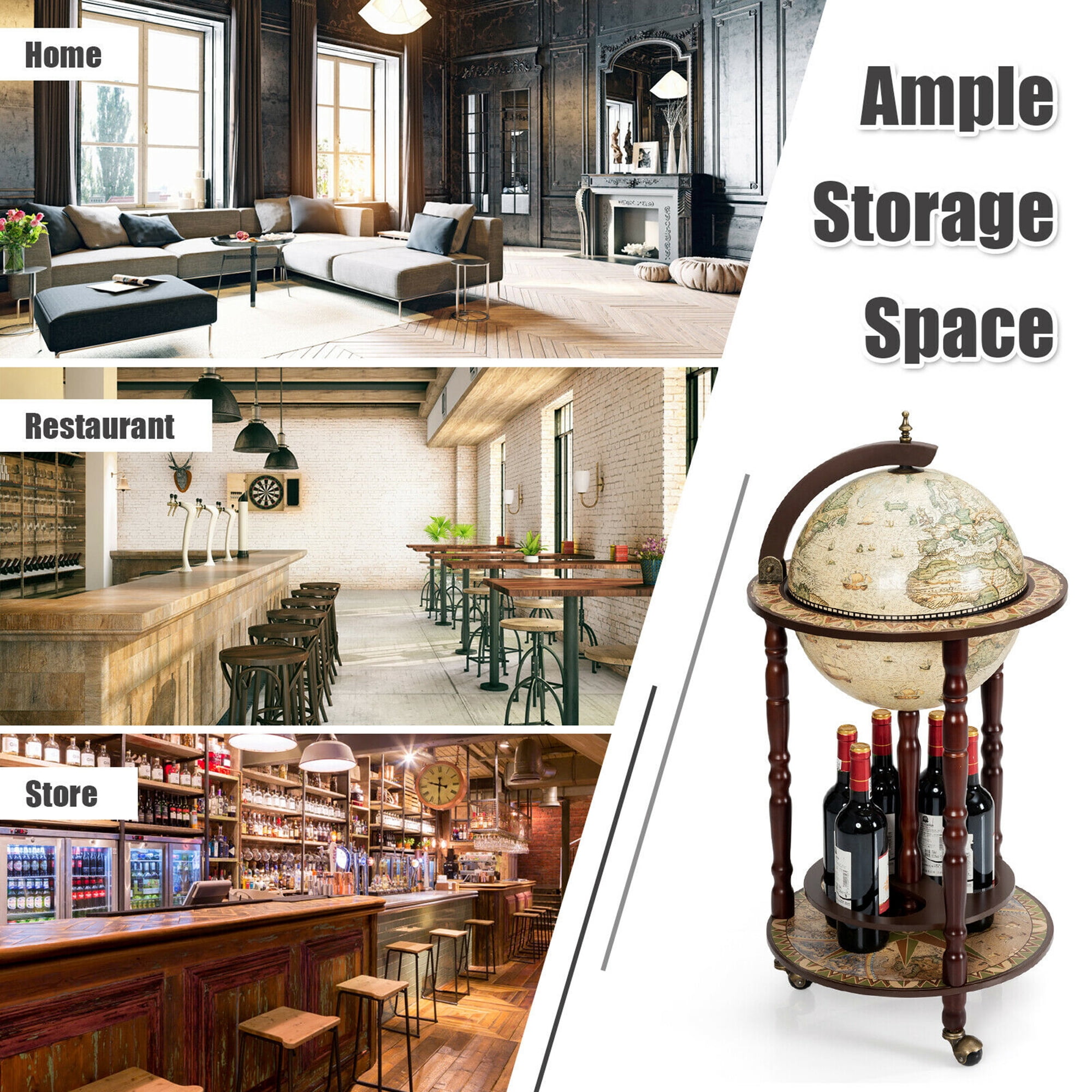 Gymax 16th Century Italian 17'' Wood Globe Wine Bar Stand Rack Liquor Bottle Shelf Cart
